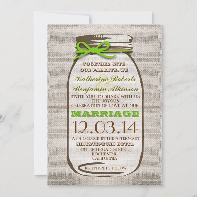 Invitación Rustic Burlap Mason Jar Boda (Anverso)