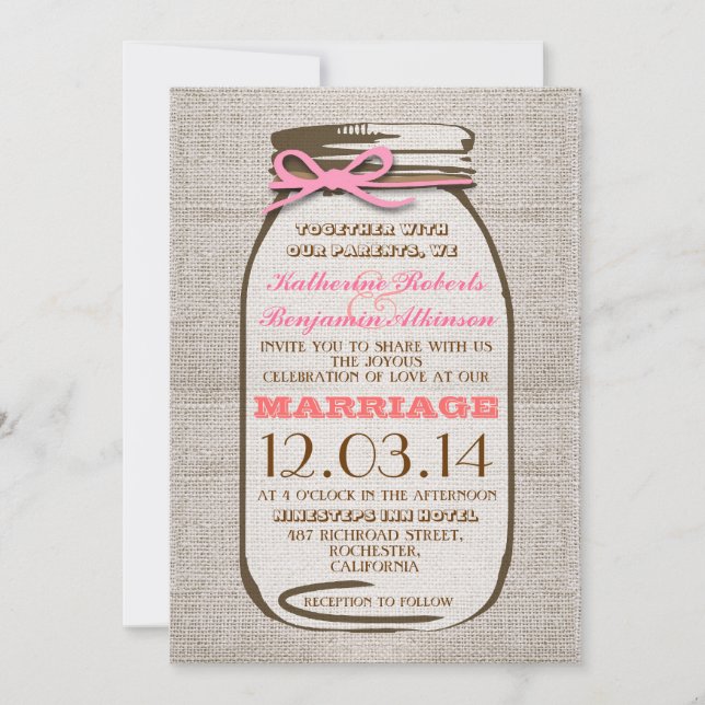 Invitación Rustic Burlap Mason Jar Boda (Anverso)