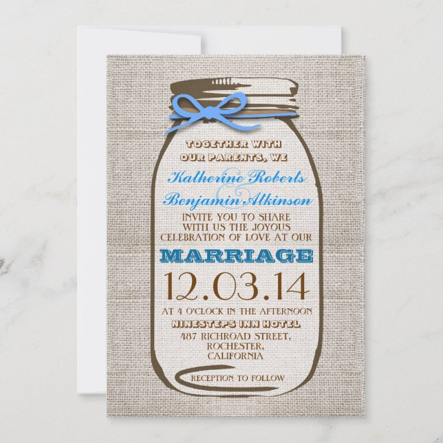 Invitación Rustic Burlap Mason Jar Boda (Anverso)