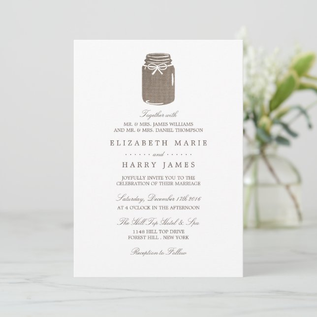 Invitación Rustic Burlap Mason Jar Boda (Anverso de pie)