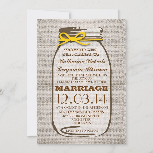 Invitación Rustic Burlap Mason Jar Boda (Anverso)