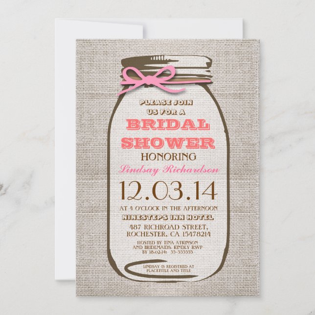 Invitación Rustic Burlap Mason Jar Bridal Shower (Anverso)