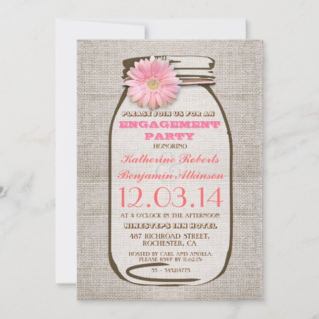 Invitación Rustic Burlap Mason Jar Pink Engagement Party (Anverso)