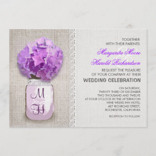 Invitación Rustic Burlap Mason Jar Purple Hydrangea Boda