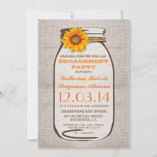 Invitación Rustic Burlap Mason Jar Sunflower Engagement Party (Anverso)