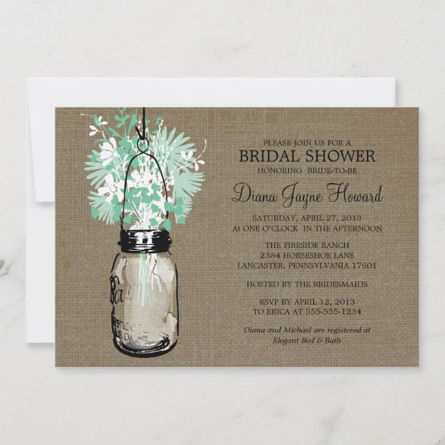 Invitación Rustic Burlap Mason Jar Wildflowers Ducha de novia (Anverso)