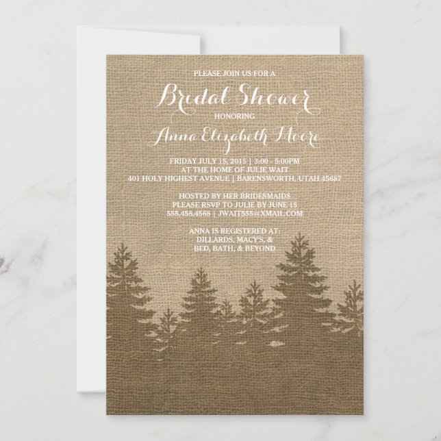 Invitación Rustic Burlap Pine Trees la ducha de invierno (Anverso)