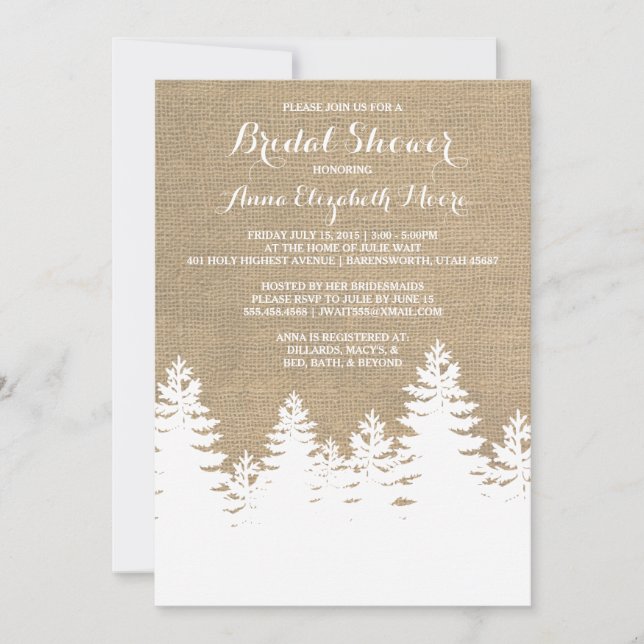 Invitación Rustic Burlap Pine Trees la ducha de invierno (Anverso)