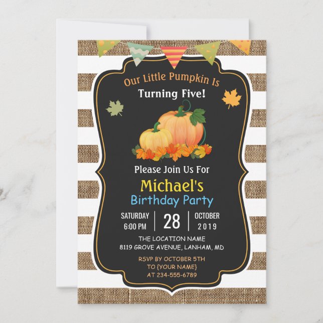 Invitación Rustic Burlap Pumpkin cae en la fiesta de cumpleañ (Anverso)