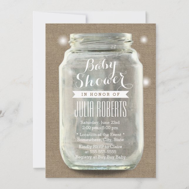 Invitación Rustic Burlap Vintage Mason Jar Baby Shower (Anverso)