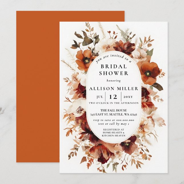 Invitación Rustic Burnt Orange Burgundy Fall Bridal Shower (Anverso / Reverso)