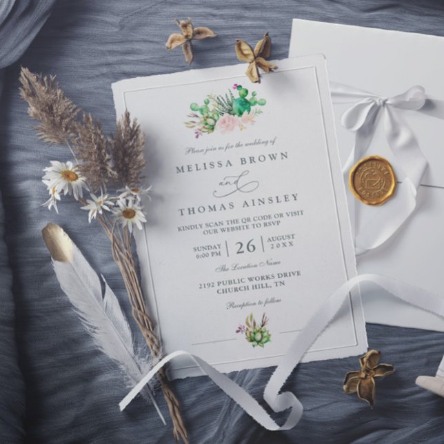 Invitación Rustic Cactus Rose Elegant Modern QR Code Wedding (Subido por el creador)