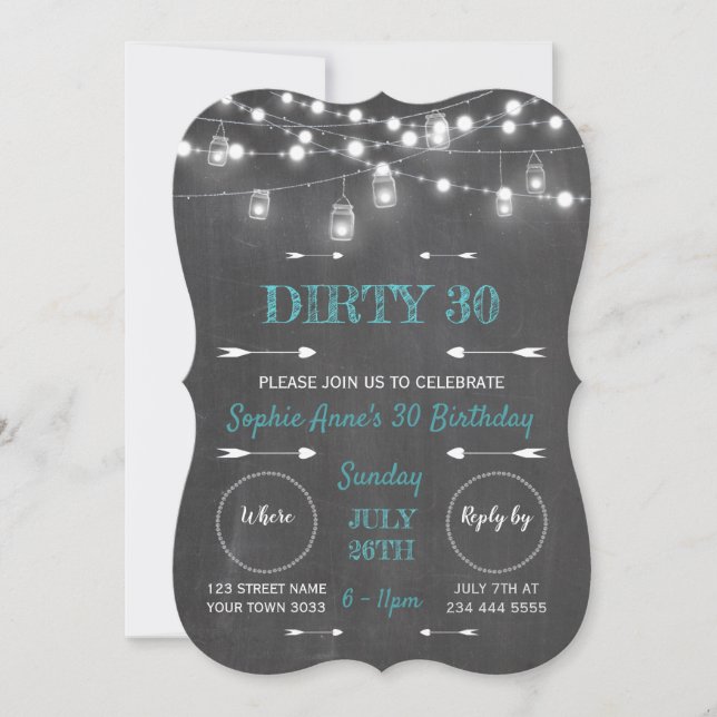 Invitación Rustic Chalkboard String ilumina sucia 30 cumpleañ (Anverso)