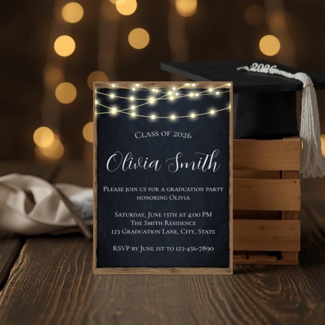 Invitación Rustic Chalkboard & String Lights Graduation Party (Subido por el creador)