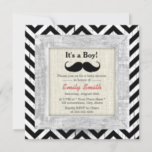 Invitación Rustic Chevron Stripes Mustache Boy Baby Shower