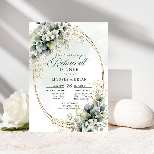 Invitación Rustic Chic Cena de Ensayo Dusty Green Eucalyptu (Rustic Chic Rehearsal Dinner Dusty Green Eucalyptus)