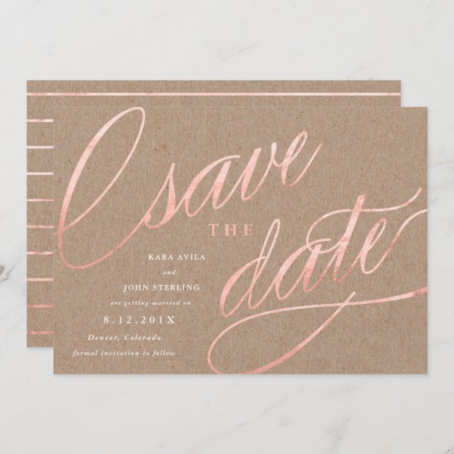 Invitación Rustic Chic Rosa Dorado Save the Dates | Rosa Dora (Anverso / Reverso)
