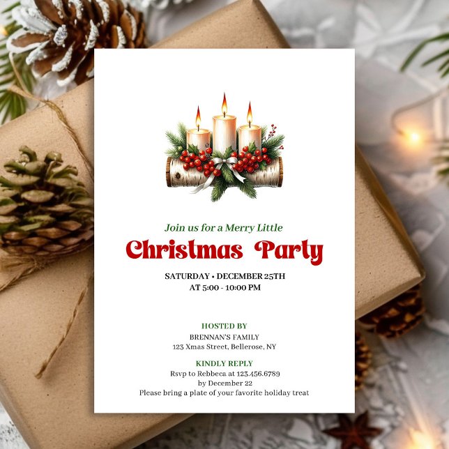 Invitación Rustic Christmas Decoration Holly Berries Card (Cozy Pine Wreath Christmas Candles Party Card)