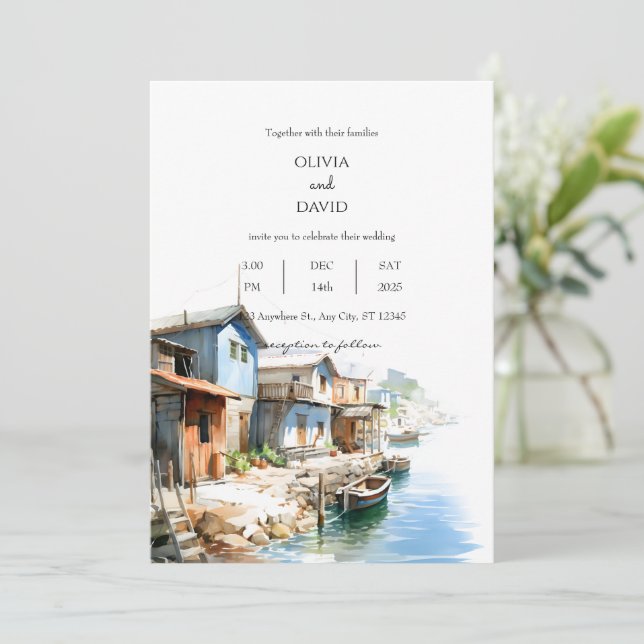 Invitación Rustic Coastal Fishing Village Boda (Anverso de pie)
