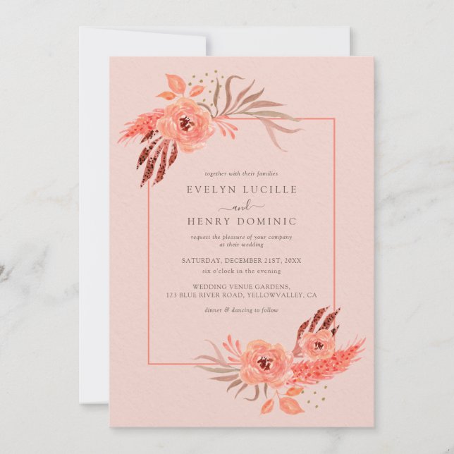 Invitación Rustic Coral Pink Floral Terracotta Wedding (Anverso)
