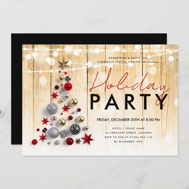 Invitación Rustic Corporate Xmas Tree Holiday String Luces (Anverso / Reverso)