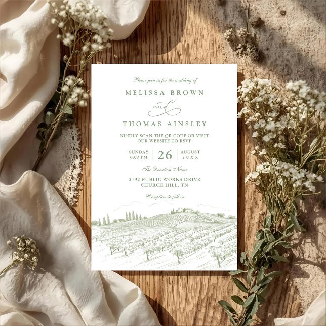 Invitación Rustic Country Art Line Elegant QR Code Wedding (Subido por el creador)