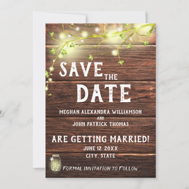 Invitación Rustic Country Mason String Lights Guarda La Fecha (Anverso)
