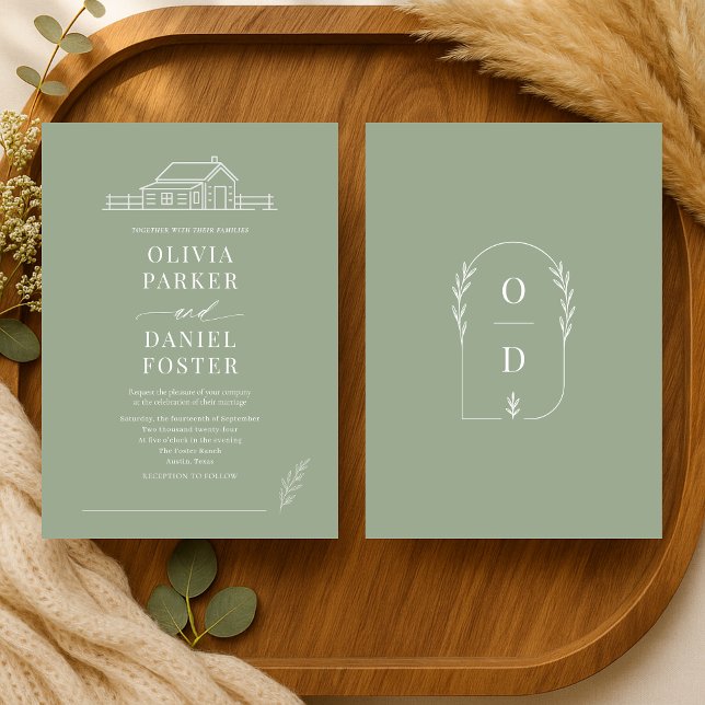 Invitación Rustic Country Ranch Line Art Sage Green Wedding (Subido por el creador)