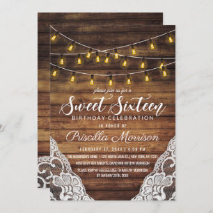 Invitación Rustic Country String ilumina Wood Lace Sweet 16