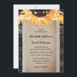 Invitación Rustic Country Sunflower Wood Burlap Lace Wedding<br><div class="desc">Sunflower wedding invitation featuring sunflowers,  string lights and a burlap and lace table runner against a rustic wood background.</div>