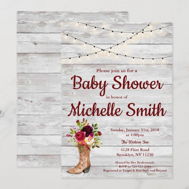 Invitación Rustic Country Western Boot Vintage Baby Shower (Anverso / Reverso)