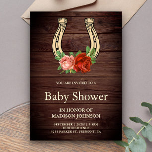 Invitación Rustic Country Wood Floral Horseshoe Baby Shower