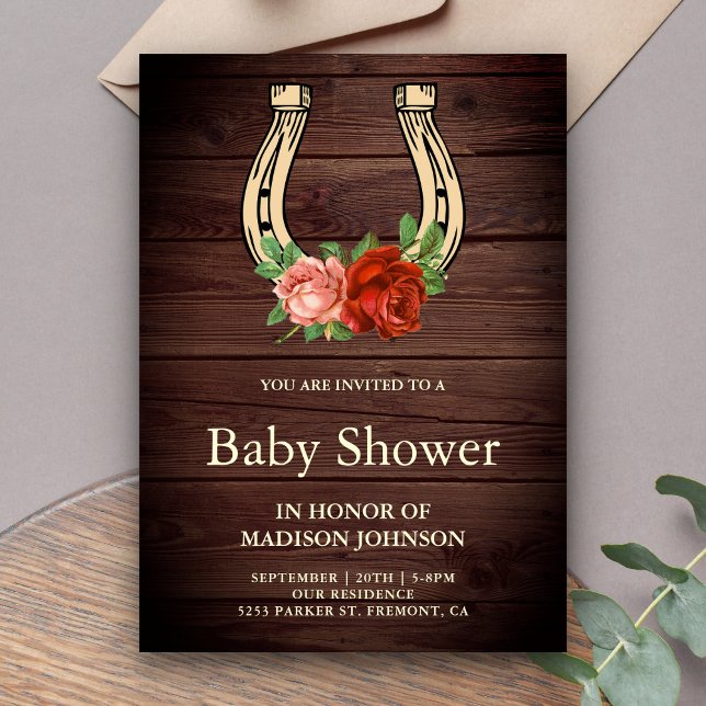 Invitación Rustic Country Wood Floral Horseshoe Baby Shower (Subido por el creador)