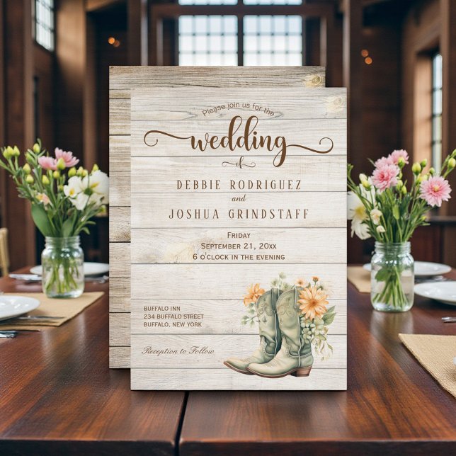Invitación Rustic Cowboy Boots on Wood Wedding Invitation (Subido por el creador)