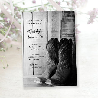 Invitación Rustic Cowboy Boots Sweet 16 Barn Birthday Party