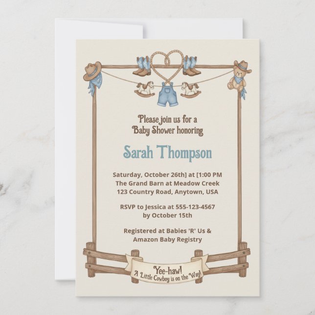 Invitación Rustic Cowboy Clothesline Boy Baby Shower (Anverso)