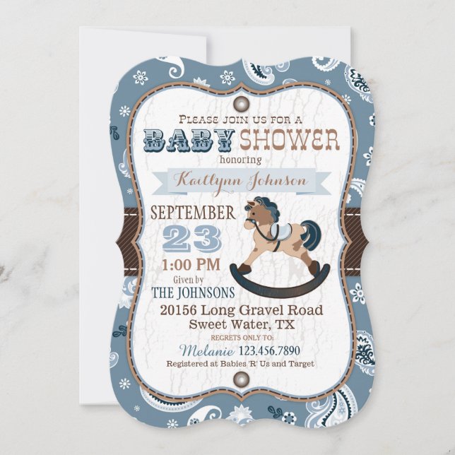Invitación Rustic Cowboy Western Rockefeller Horse Baby Showe (Anverso)