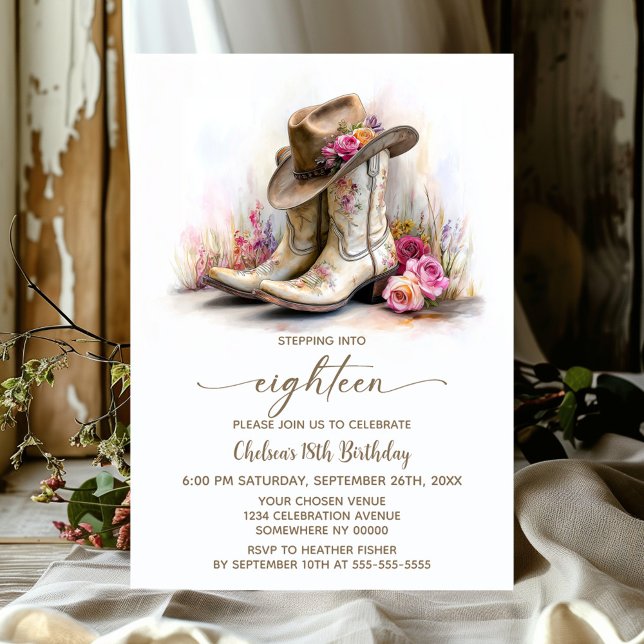 Invitación Rustic Cowgirl Boots and Hat 18th Birthday Party (Subido por el creador)