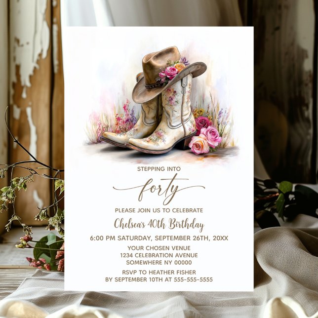 Invitación Rustic Cowgirl Boots and Hat 40th Birthday Party (Subido por el creador)