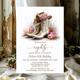 Invitación Rustic Cowgirl Boots and Hat 80th Birthday Party