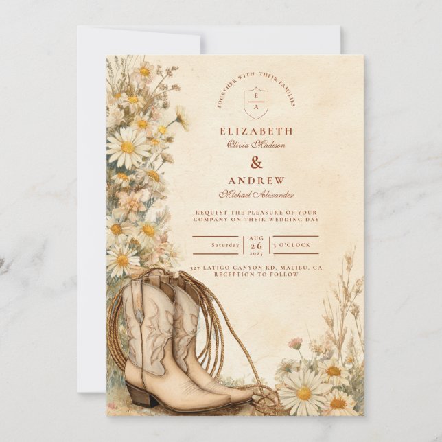 Invitación Rustic Cowgirl Boots Boda de flores silvestres (Anverso)