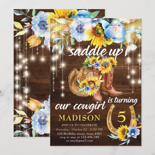 Invitación Rustic Cowgirl Boots Boots Floral String Lights Cu (Anverso / Reverso)