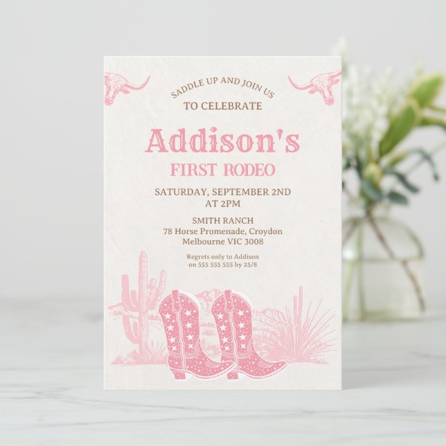 Invitación Rustic Cowgirl Boots First Rodeo 1st Birthday (Anverso de pie)
