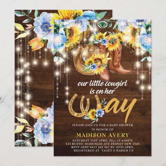 Invitación Rustic Cowgirl Boots Floral Baby Shower (Anverso / Reverso)