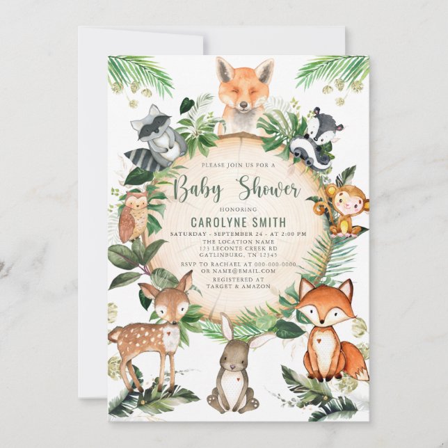 Invitación Rustic Cute Greenery Woodland Animal Baby Shower (Anverso)