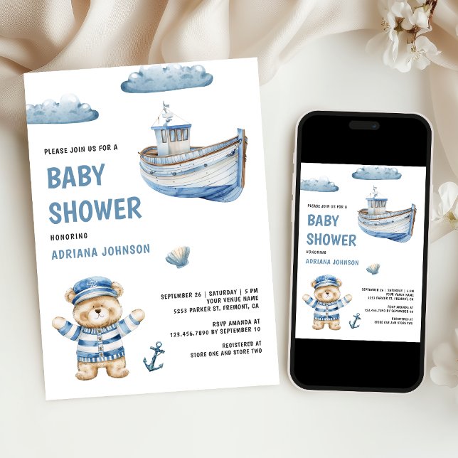 Invitación Rustic Cute Teddy Bear Nautical Boat Baby Shower (Subido por el creador)