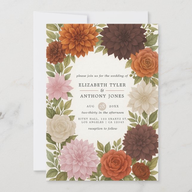 Invitación Rustic Dahlia Earthy Fall Tones Watercolor Boda (Anverso)