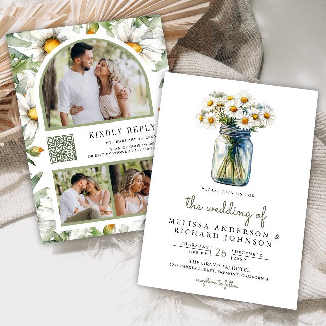 Invitación Rustic Daisies Floral Mason Jar QR Code Wedding (Subido por el creador)