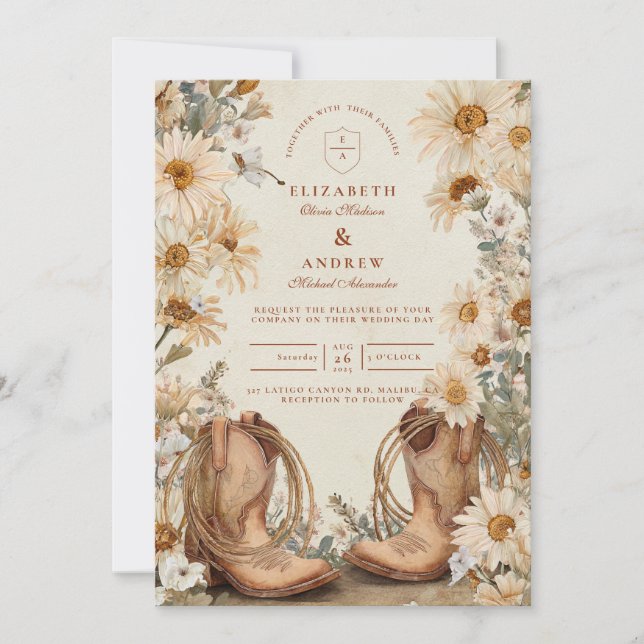 Invitación Rustic Daisy Cowgirl Boots Boda (Anverso)