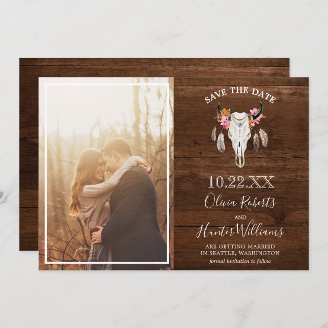 Invitación Rustic Dark Wood Antler Photo Save the Date (Anverso / Reverso)